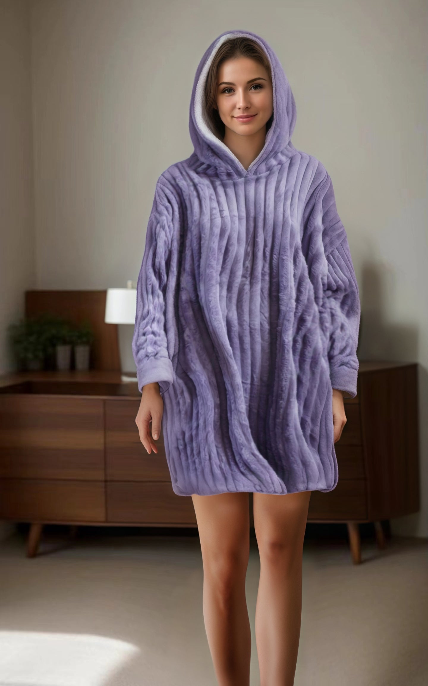 Pigiama Coperta In Ciniglia Oversize Con Cappuccio Donna