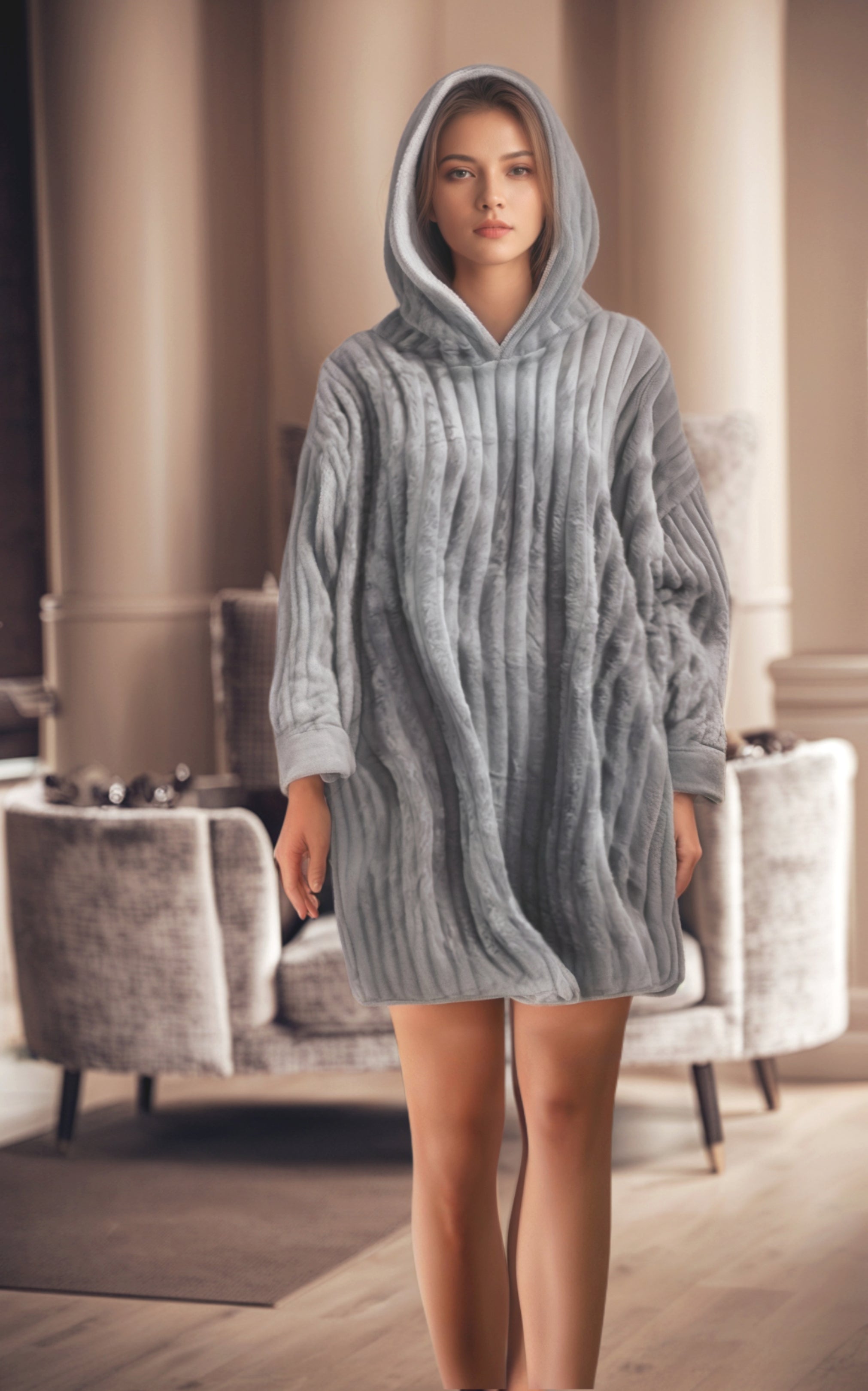 Pigiama Coperta In Ciniglia Oversize Con Cappuccio Donna