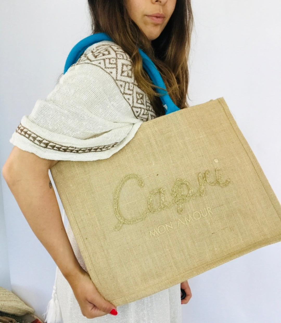 Borsa Con Scritta Capri Manico Turchese